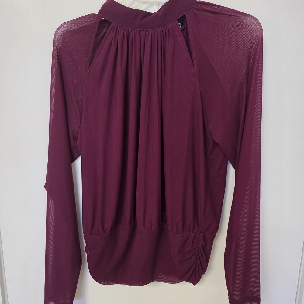 INC Womens NWT Blouse M Maroon Sheer Mesh Mock Neck Ruched Waist Cutout Top